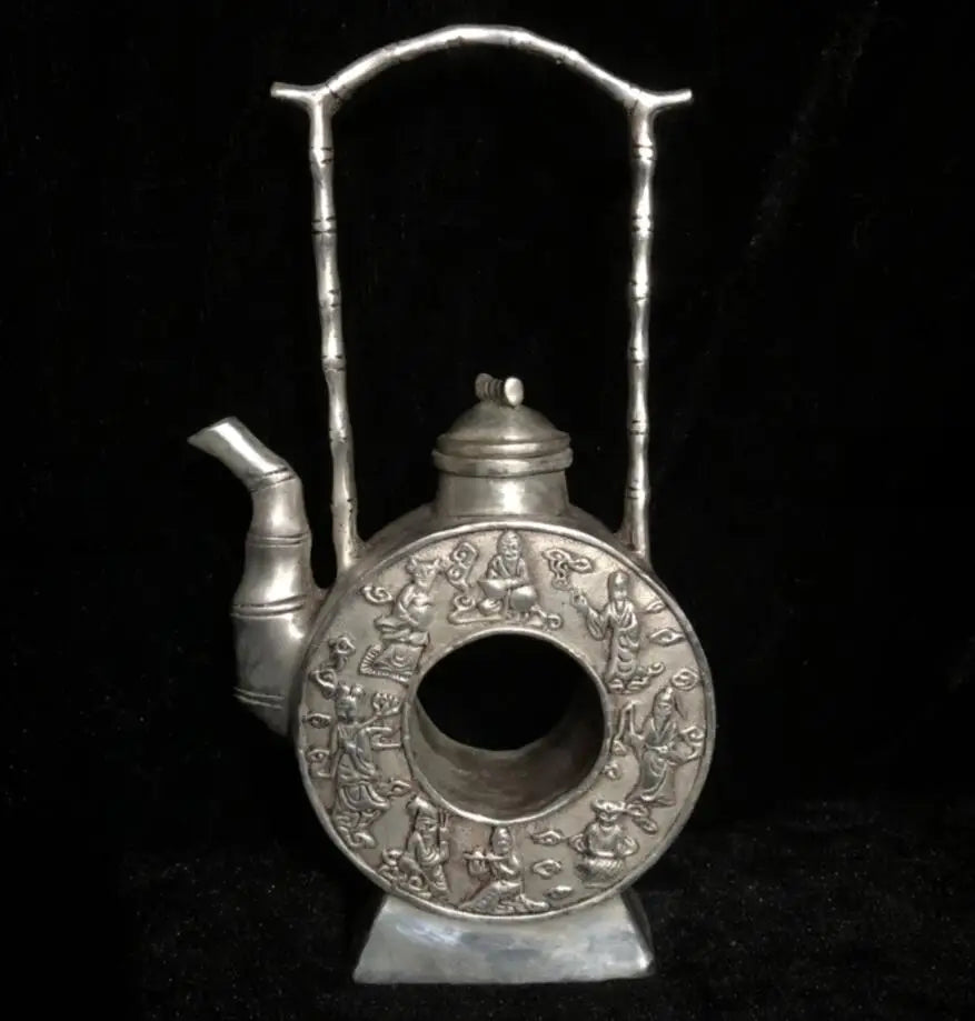 Chinese White copper Coin shape teapot crafts statue
