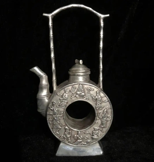 Chinese White copper Coin shape teapot crafts statue