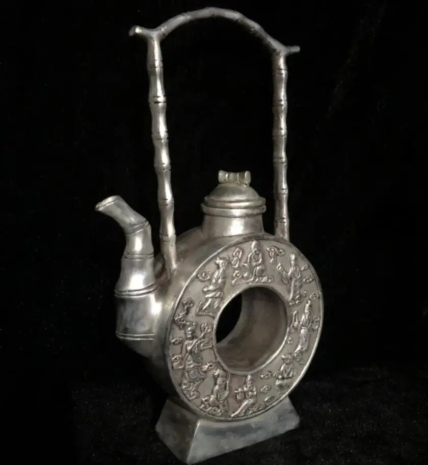 Chinese White copper Coin shape teapot crafts statue