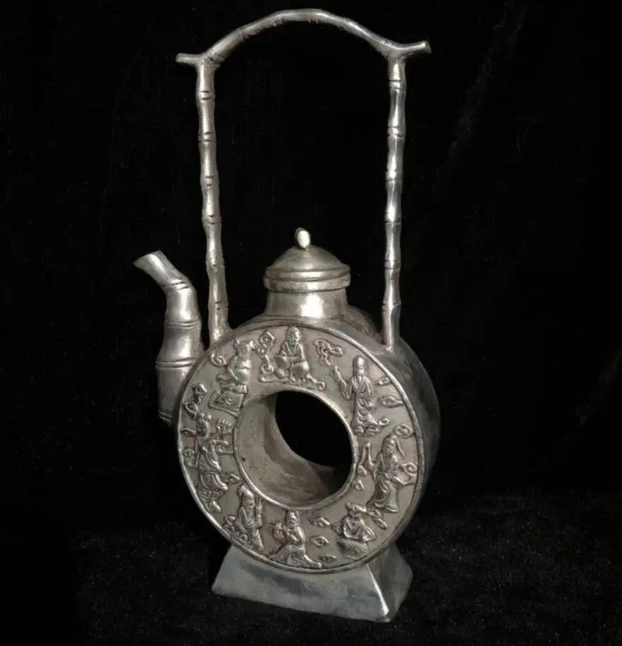 Chinese White copper Coin shape teapot crafts statue