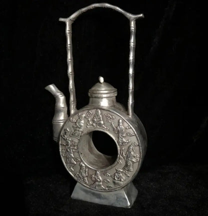 Chinese White copper Coin shape teapot crafts statue