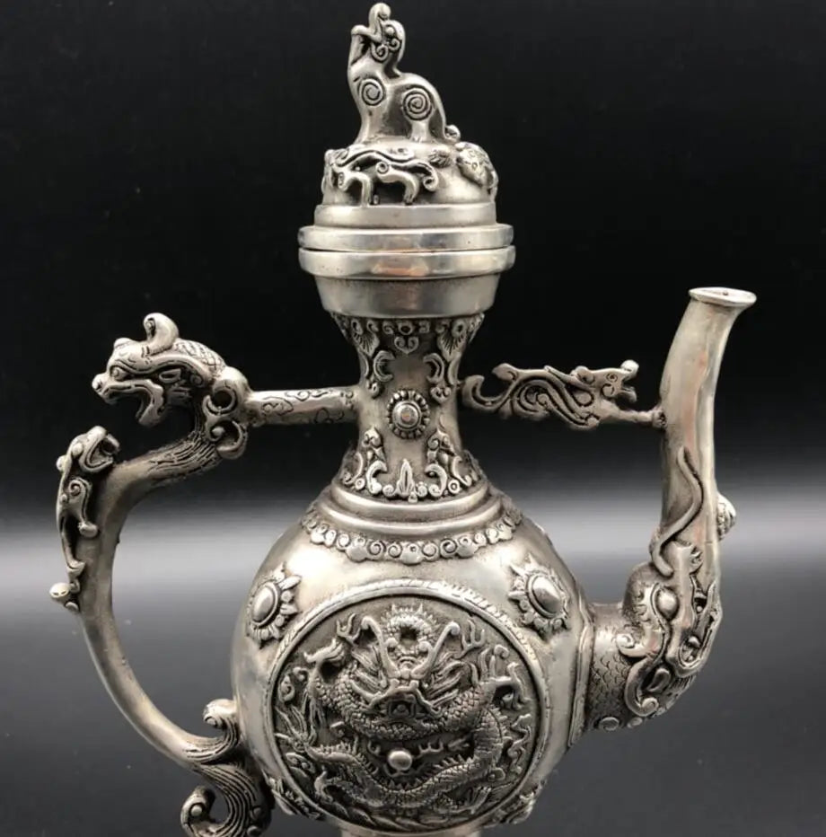 Chinese White copper Double sided dragon teapot crafts statue