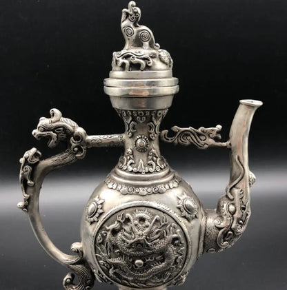 Chinese White copper Double sided dragon teapot crafts statue