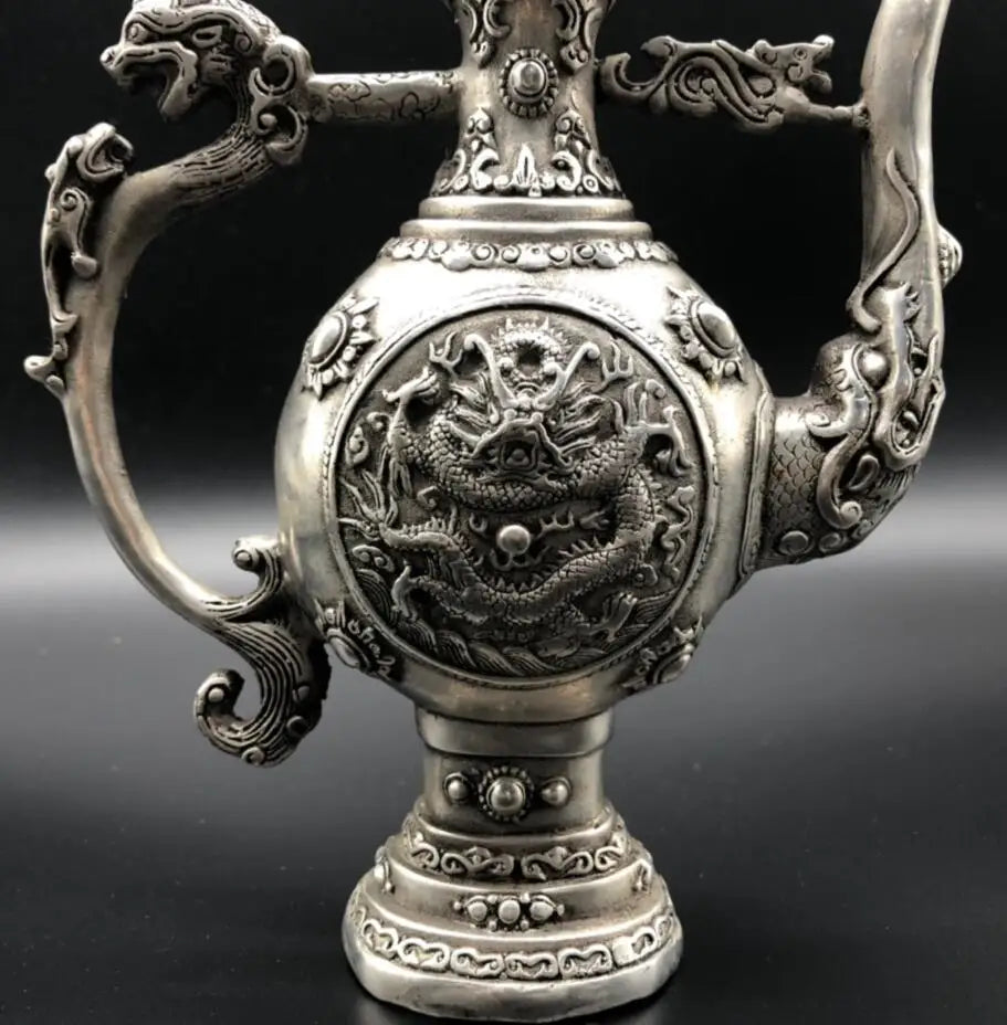 Chinese White copper Double sided dragon teapot crafts statue