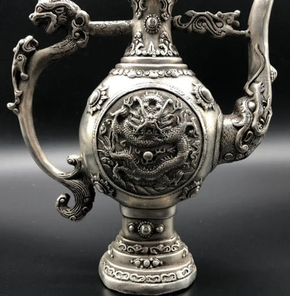 Chinese White copper Double sided dragon teapot crafts statue