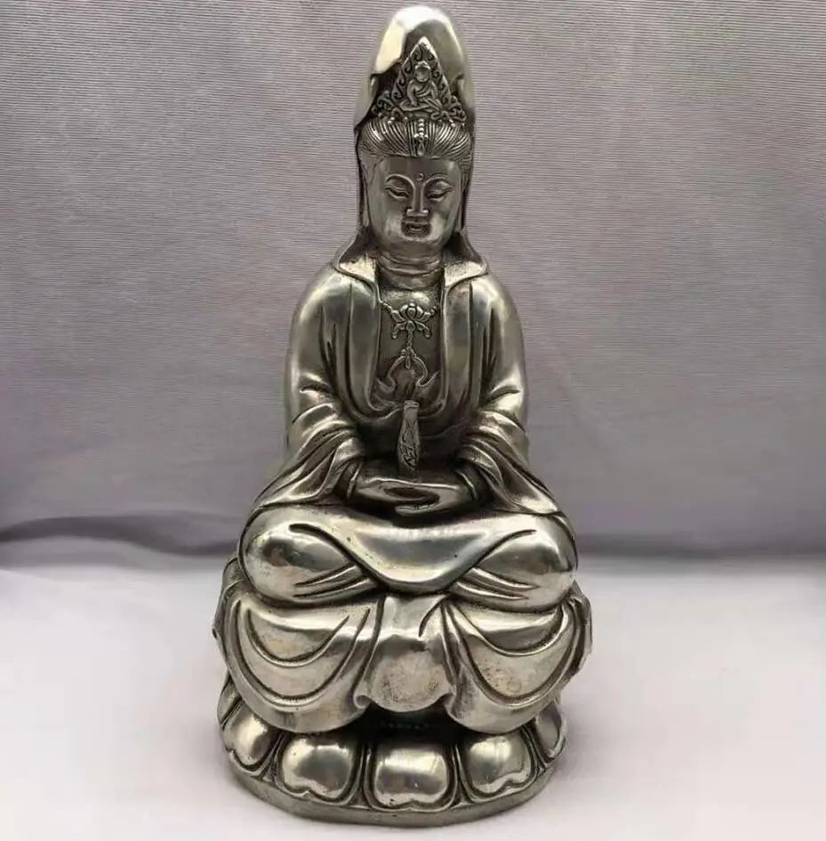 Chinese White copper Goddess of mercy Buddha crafts statue