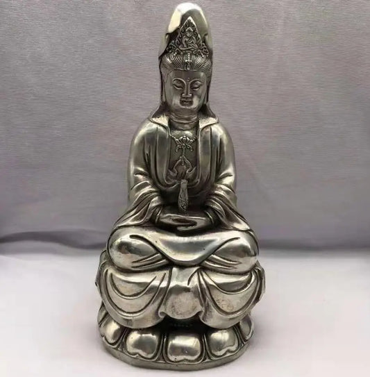 Chinese White copper Goddess of mercy Buddha crafts statue