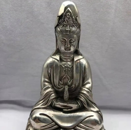 Chinese White copper Goddess of mercy Buddha crafts statue