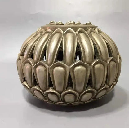 Chinese White copper Hollow out lotus incense furnace crafts statue