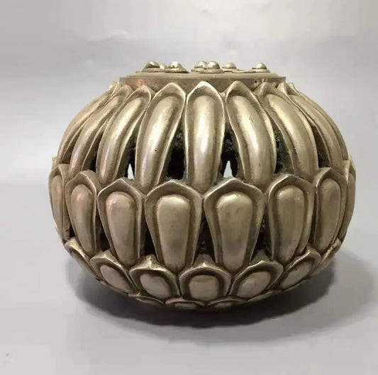 Chinese White copper Hollow out lotus incense furnace crafts statue
