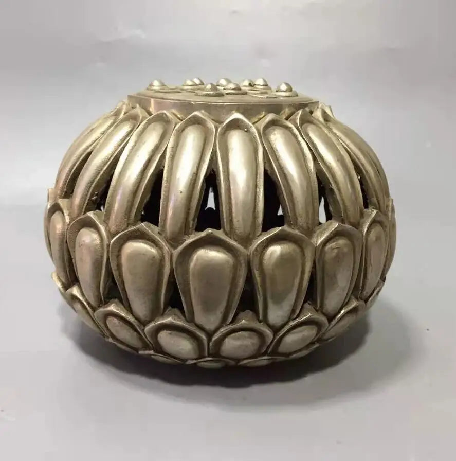 Chinese White copper Hollow out lotus incense furnace crafts statue