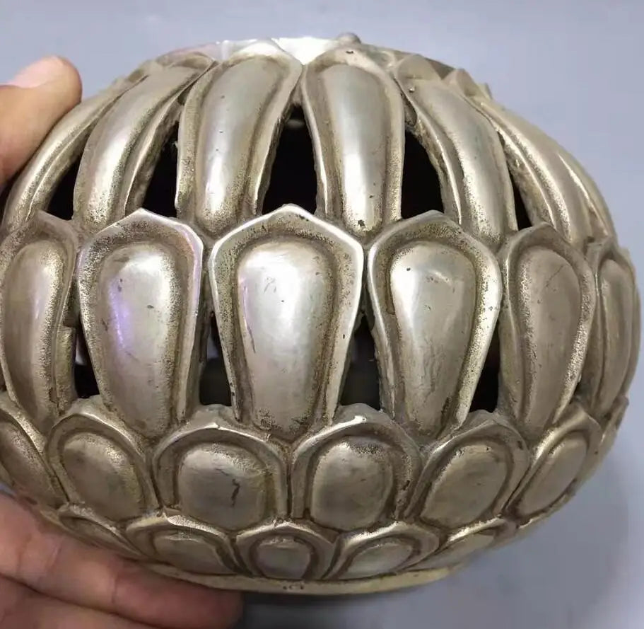 Chinese White copper Hollow out lotus incense furnace crafts statue