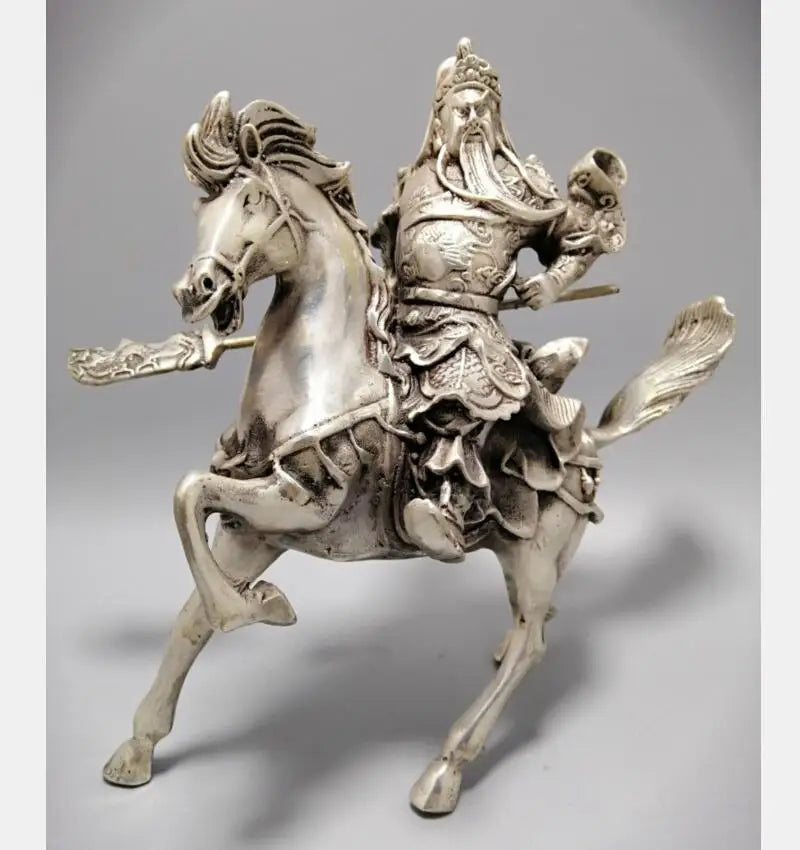 Chinese White copper Riding horse duke guan crafts statue