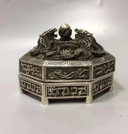 Chinese White copper Three dragons lid box crafts statue