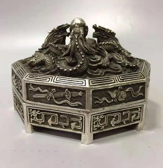 Chinese White copper Three dragons lid box crafts statue