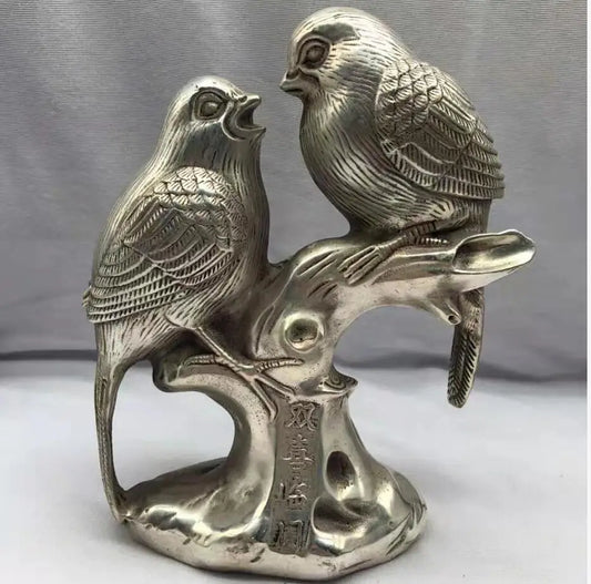 Chinese White copper Two magpie crafts statue