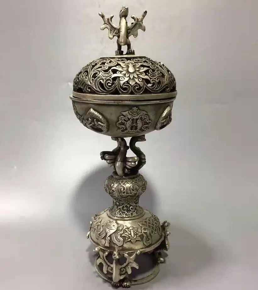 Chinese White copper archaize rosefinch incense  furnace crafts statue