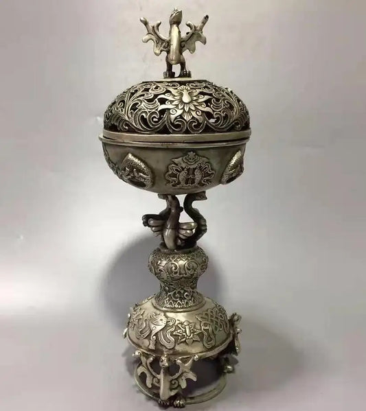 Chinese White copper archaize rosefinch incense  furnace crafts statue
