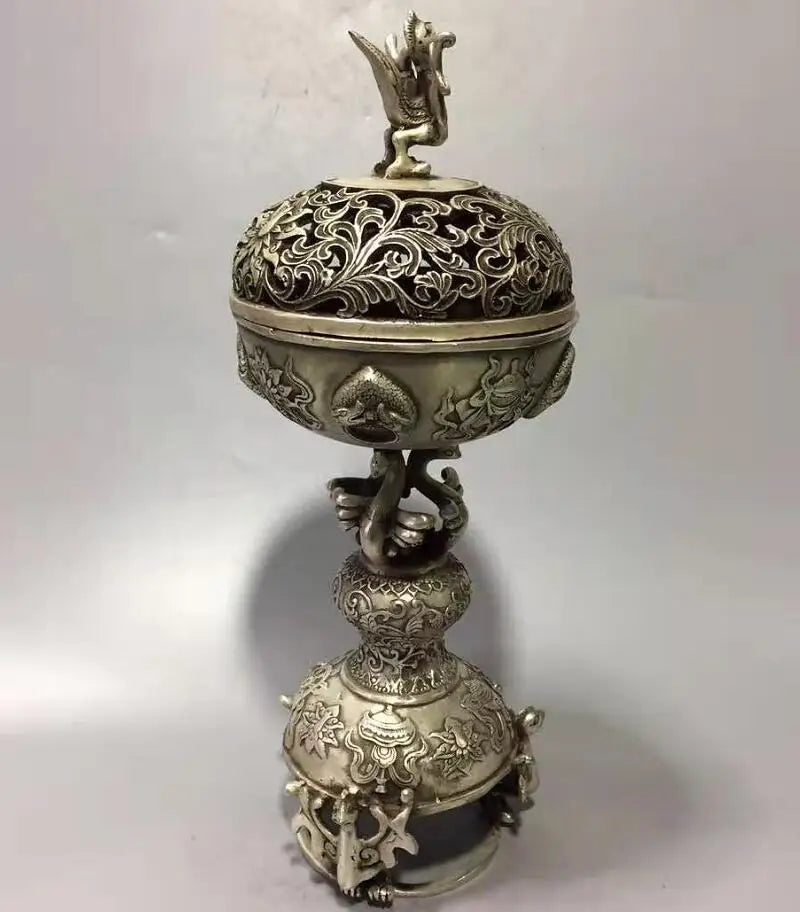 Chinese White copper archaize rosefinch incense  furnace crafts statue