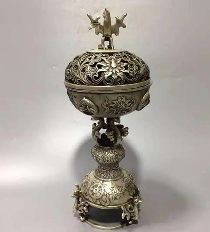Chinese White copper archaize rosefinch incense  furnace crafts statue