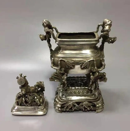 Chinese White copper bamboo incense furnace crafts statue