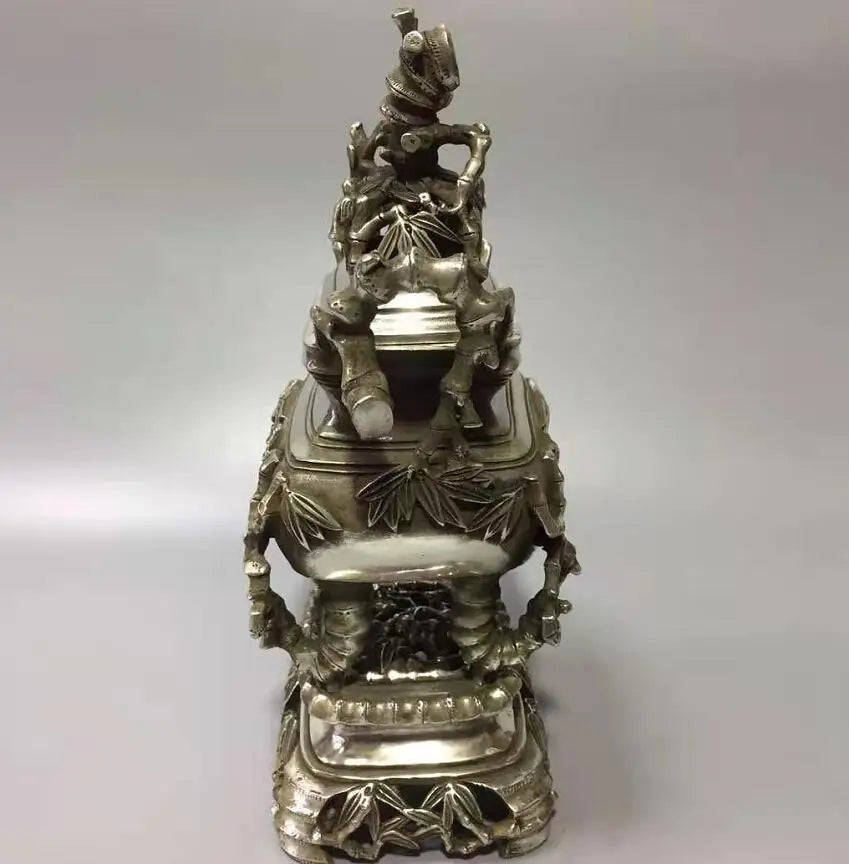 Chinese White copper bamboo incense furnace crafts statue