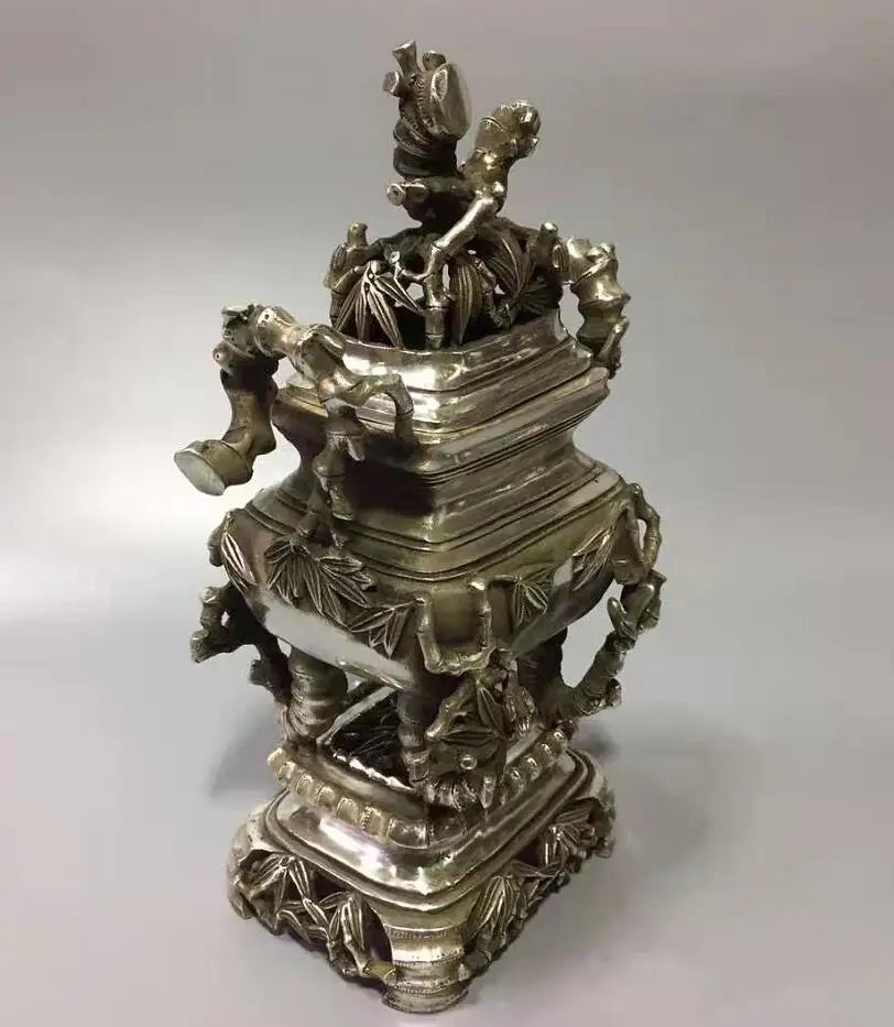Chinese White copper bamboo incense furnace crafts statue
