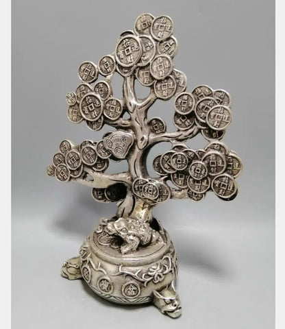 Chinese White copper cash tree wealth crafts statue