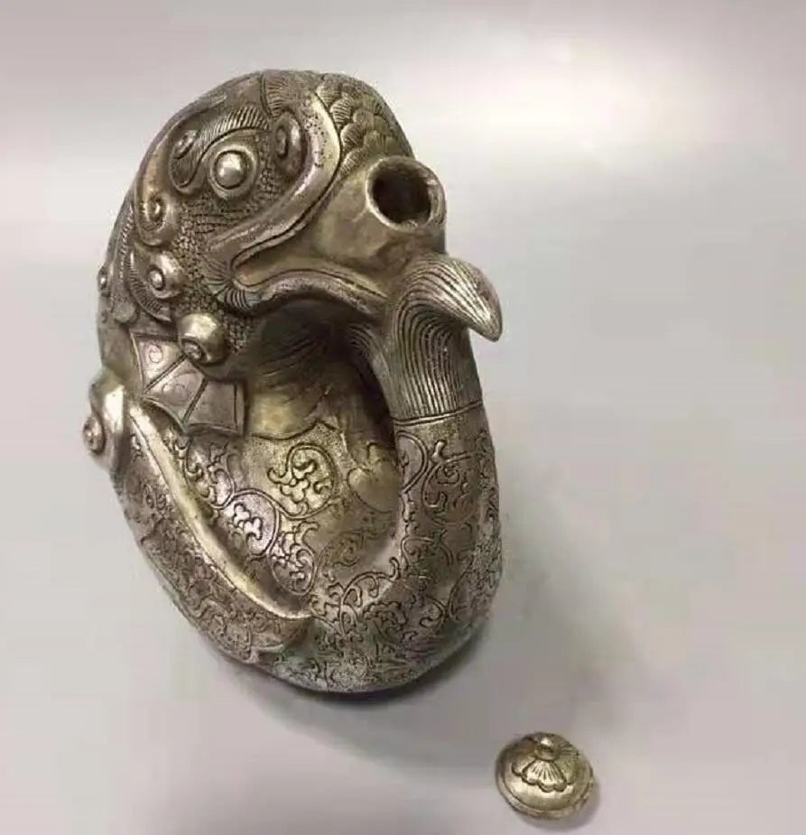 Chinese White copper dragon head fish teapot crafts statue