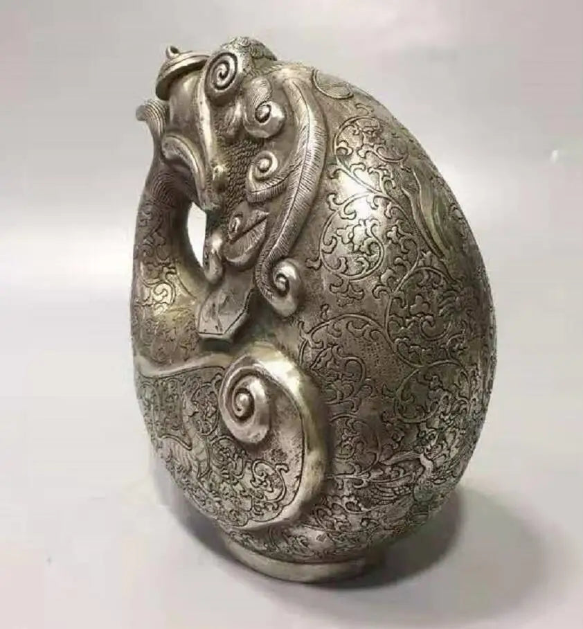 Chinese White copper dragon head fish teapot crafts statue