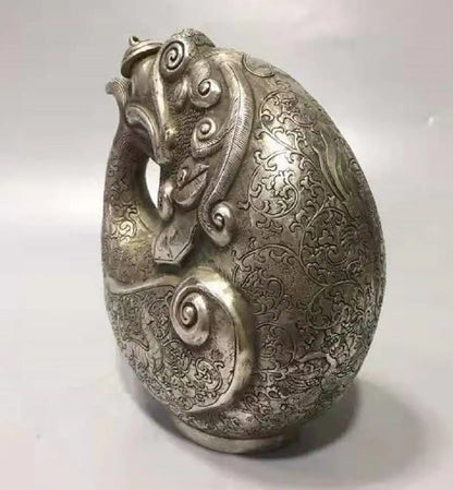 Chinese White copper dragon head fish teapot crafts statue