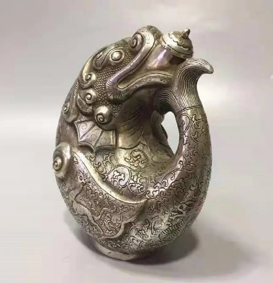 Chinese White copper dragon head fish teapot crafts statue