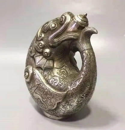 Chinese White copper dragon head fish teapot crafts statue