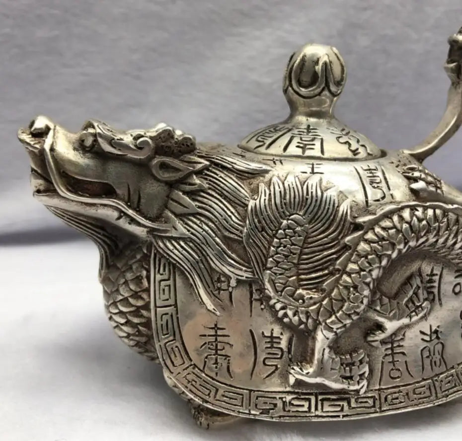 Chinese White copper dragon turtle teapot crafts statue