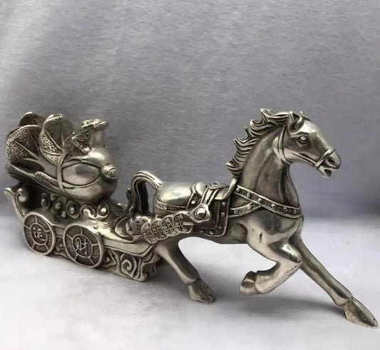 Chinese White copper horse Pull cabbage wealth crafts statue