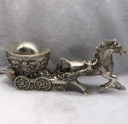 Chinese White copper horse Pull money car wealth crafts statue