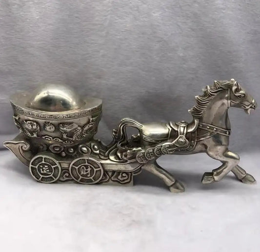 Chinese White copper horse Pull money car wealth crafts statue