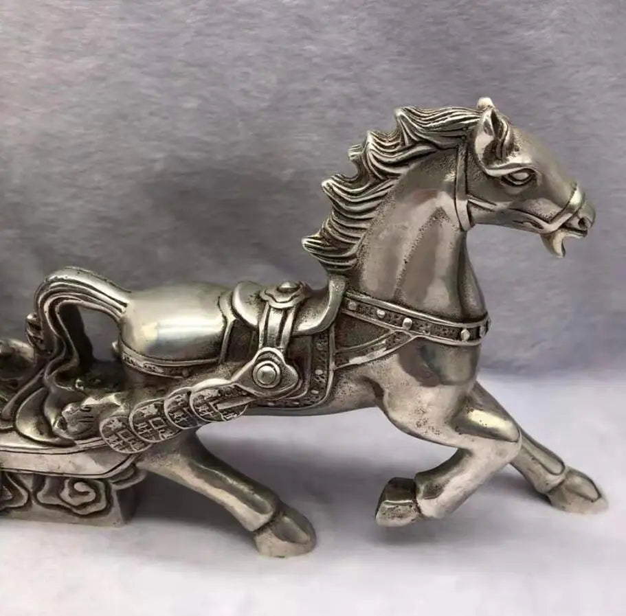 Chinese White copper horse Pull money car wealth crafts statue