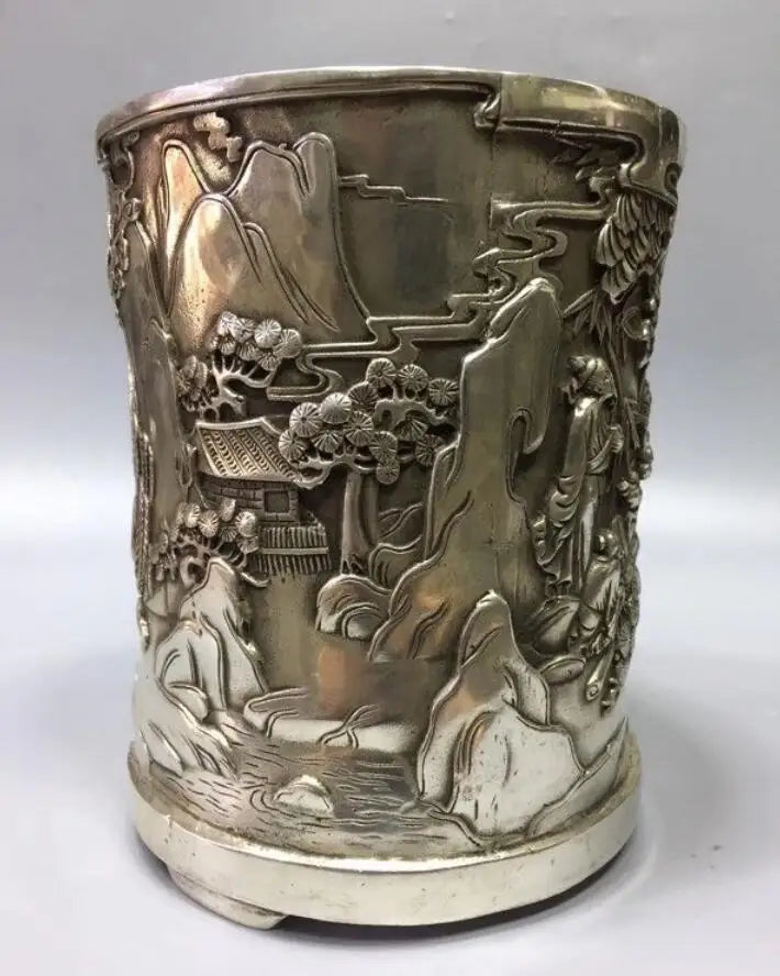 Chinese White copper landscape Brush pot crafts statue