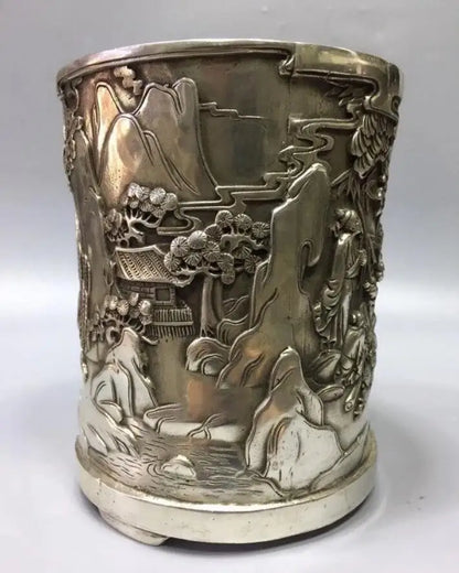 Chinese White copper landscape Brush pot crafts statue