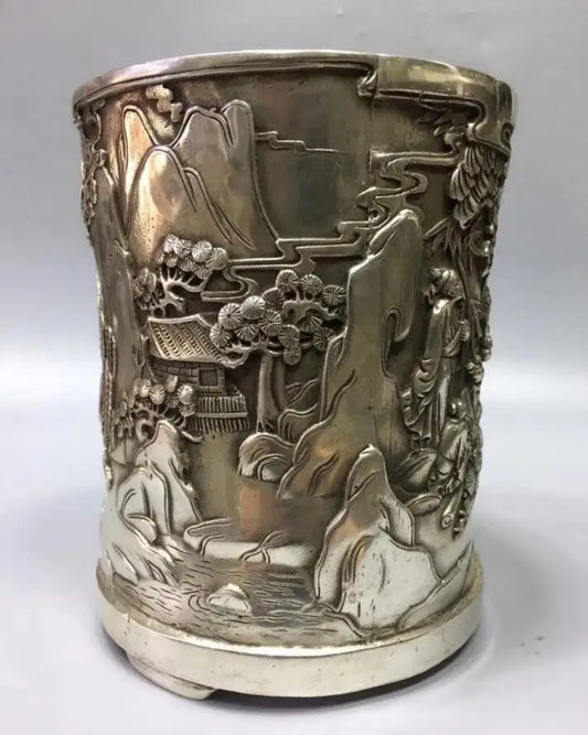 Chinese White copper landscape Brush pot crafts statue