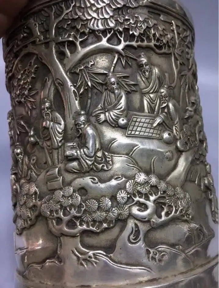 Chinese White copper landscape Brush pot crafts statue