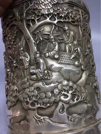 Chinese White copper landscape Brush pot crafts statue
