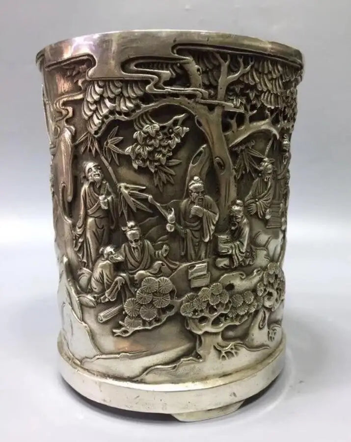 Chinese White copper landscape Brush pot crafts statue