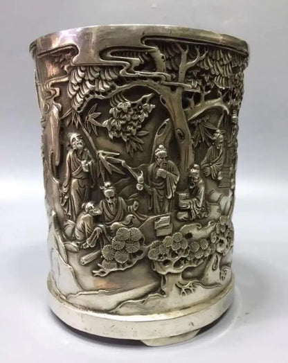 Chinese White copper landscape Brush pot crafts statue