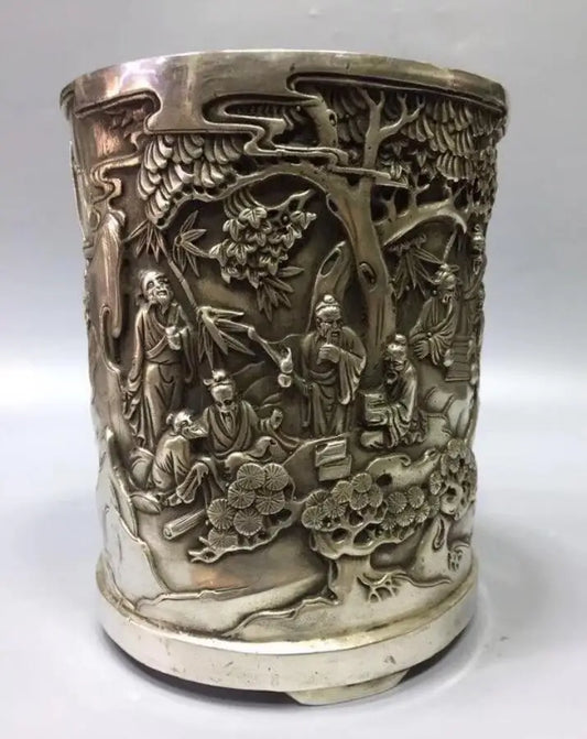 Chinese White copper landscape Brush pot crafts statue