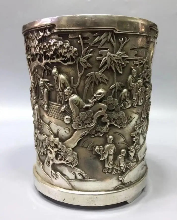 Chinese White copper landscape Brush pot crafts statue