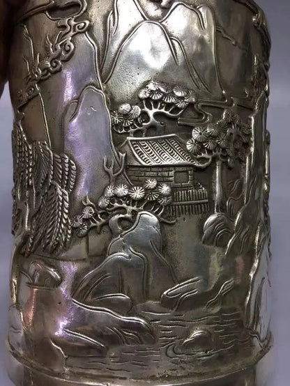 Chinese White copper landscape Brush pot crafts statue