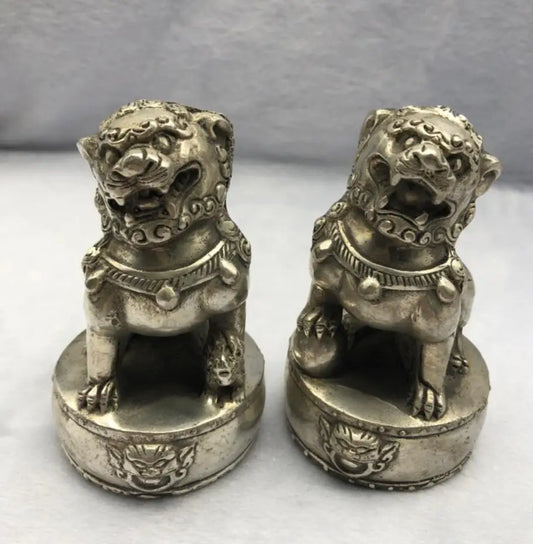 Chinese White copper lion Step on drum crafts statue A pair