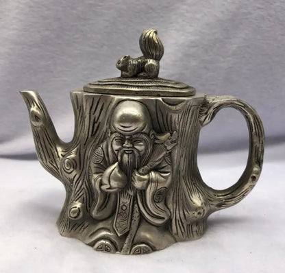 Chinese White copper longevity Buddha teapot crafts statue